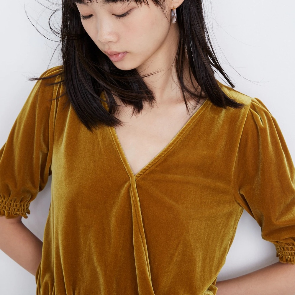 New Madewell Velvet Smocked Crossover Golden Boho Blouse Top Mustard Gold - Picture 5 of 11
